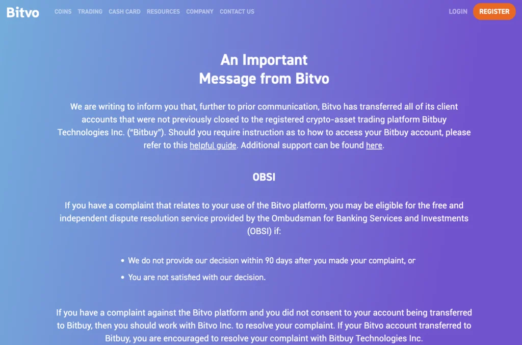Message from Bitvo crypto exchange